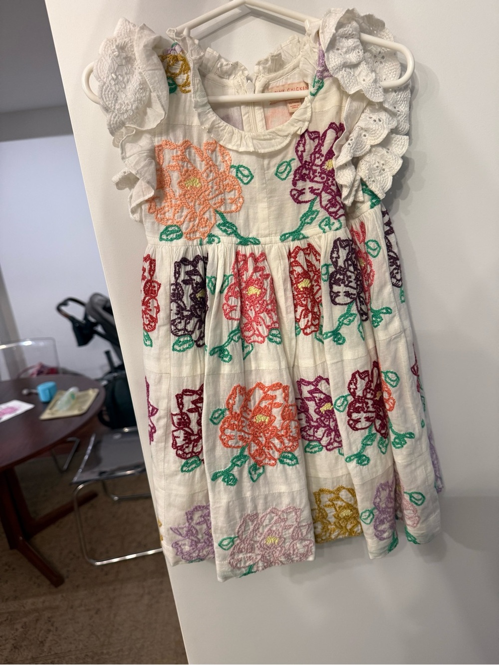 Pink Chicken White Floral Embroidered Ruffle-Sleeve Dress